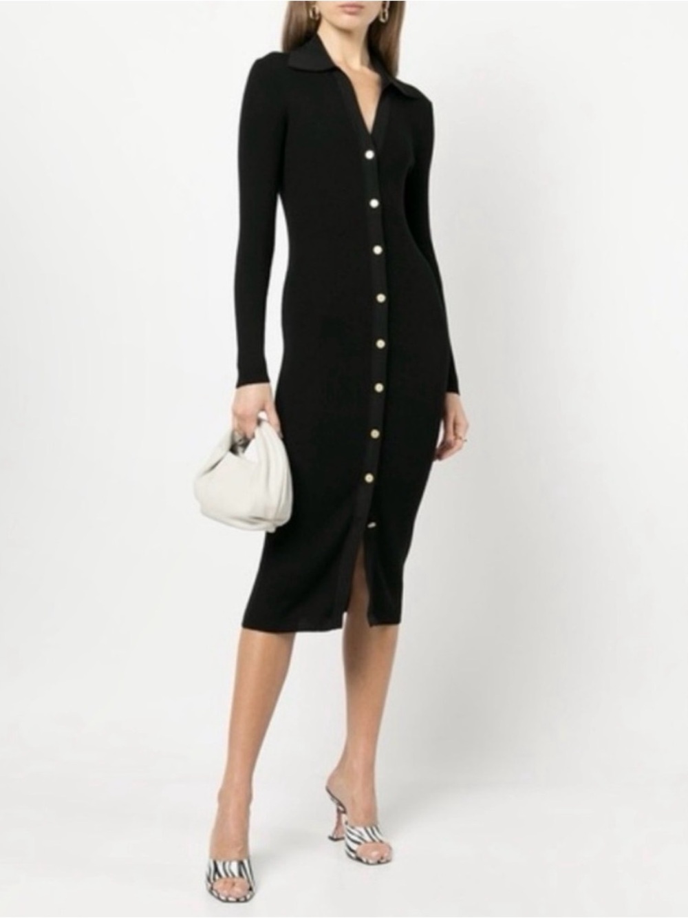 ALICE + OLIVIA Alcina Long Sleeve Button-Up Rib Knit Midi Dress in Black Size S